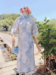 青花瓷國風(fēng)新中式 兔子大人｜手作服 仿亞麻旗袍蕾絲側(cè)開叉連衣裙