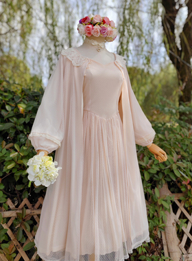 兔子大人｜手作服 vintage古董点纱日系复古蕾丝长袖罩衫开衫裙