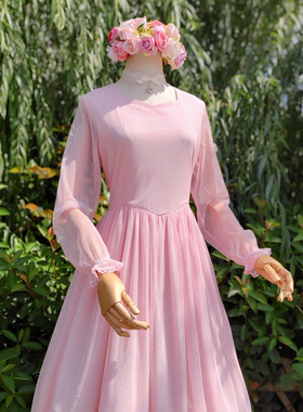 兔子大人｜手作服 vintage日系古董点纱复古cla风蕾丝长袖连衣裙