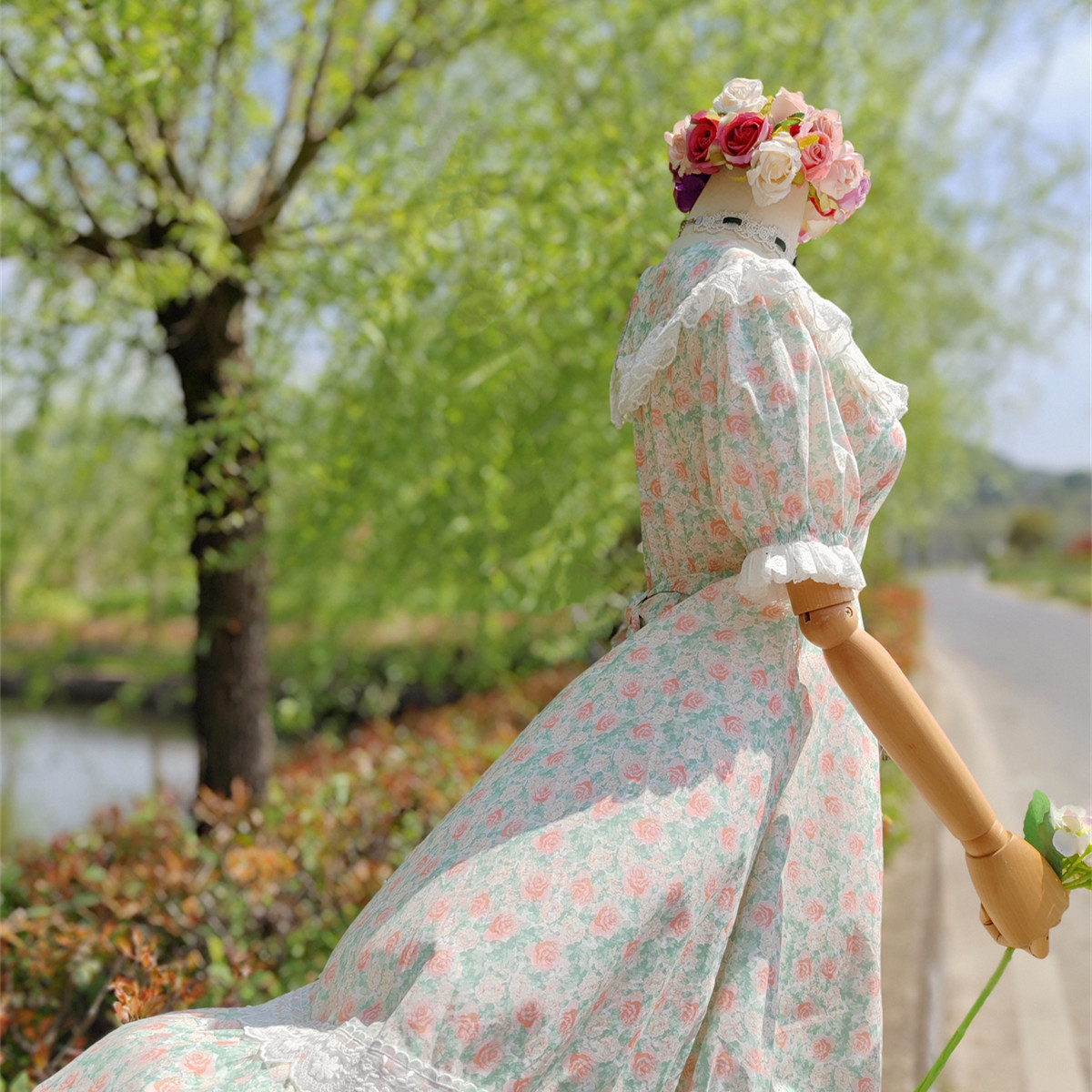兔子大人｜手作服 vintage古着圆舞裙餐盘领玫瑰花波点大摆连衣裙