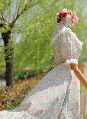 兔子大人｜手作服 vintage古着圆舞裙餐盘领绿色玫瑰花大摆连衣裙