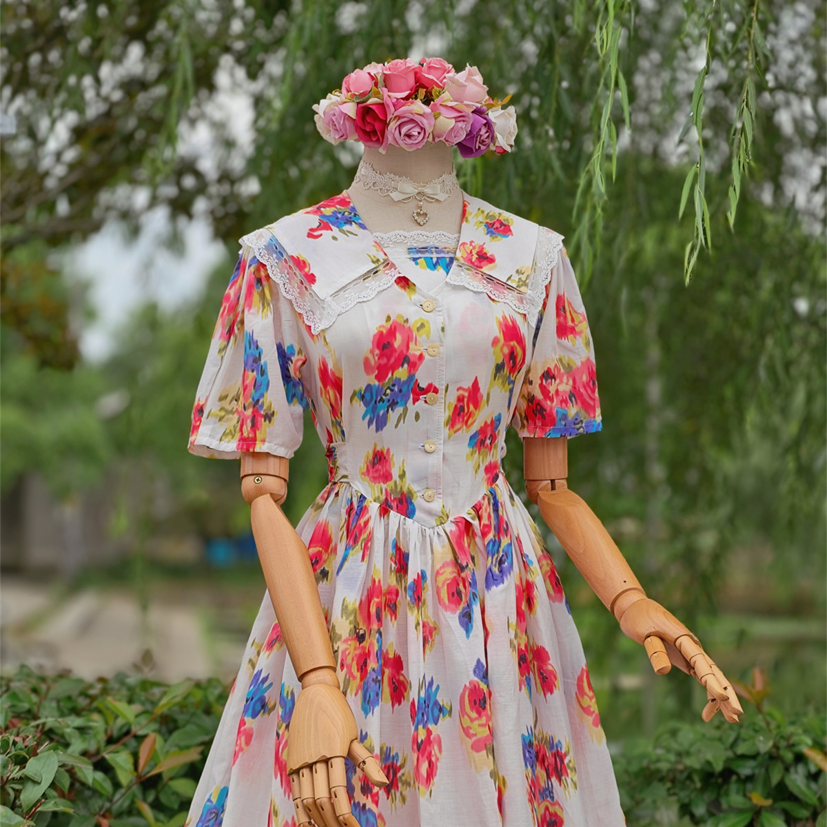 兔子大人|手作服 vintage美式复古红花10姆米真丝棉短袖连衣裙