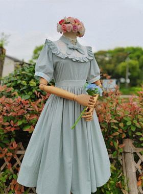 兔子大人｜手作服 vintage古着风荷叶边格子拼接水洗棉短袖连衣裙