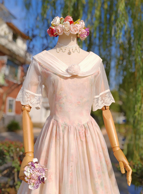 兔子大人｜手作服 复古摩登法式洋装 浪漫网纱拼接朦胧花色连衣裙