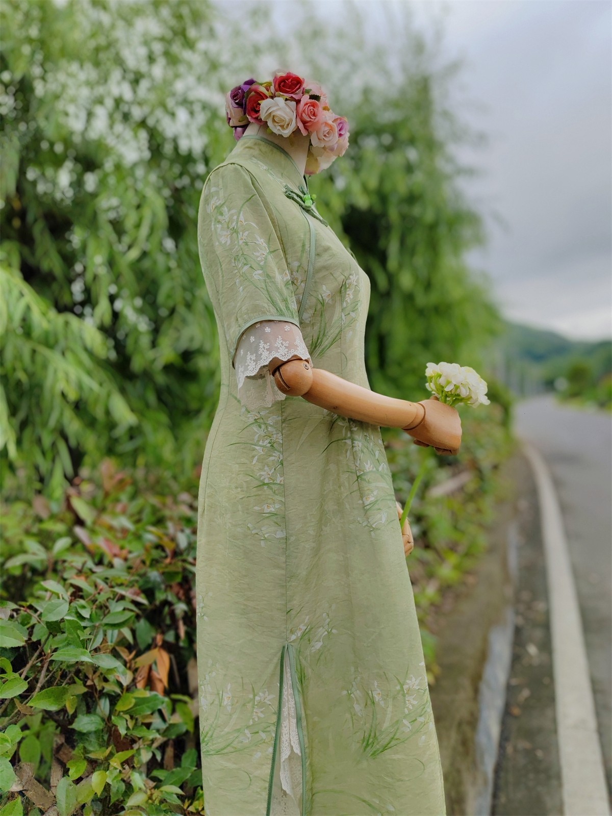 兔子大人|手作服 国风新中式改良旗袍天丝苎麻蕾丝侧开叉连衣裙
