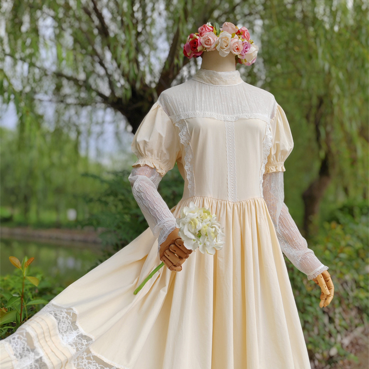 兔子大人|手作服 vintage复古黄色纯棉蕾丝拼接假两件长袖连衣裙