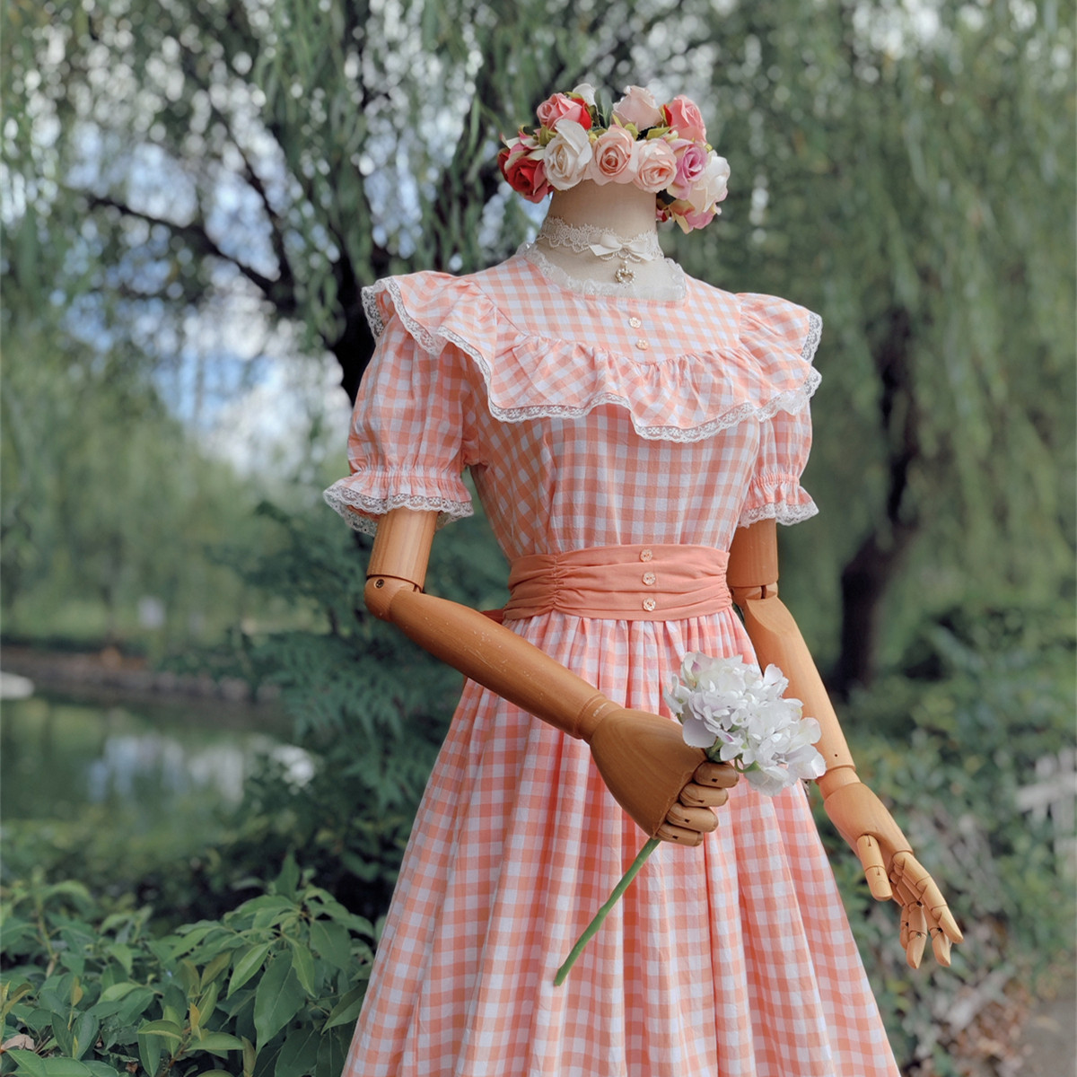 兔子大人｜手作服 日系元气橘色格子洛丽塔腰带纯棉连衣裙有口袋