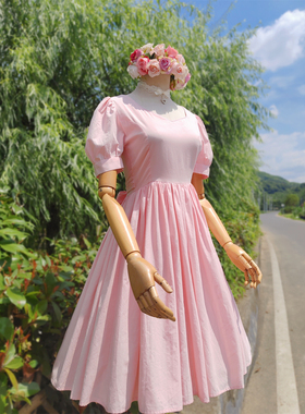 兔子大人｜手作服 vintage法式复古少女可爱甜粉色桃心领连衣裙