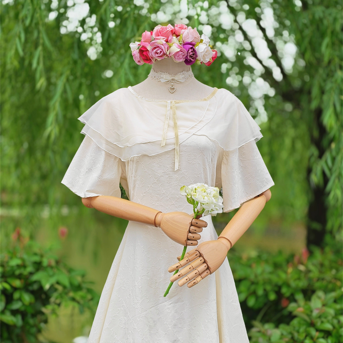 兔子大人|手作服 不规则欧根纱领 纯棉短袖提花暗纹口袋连衣裙