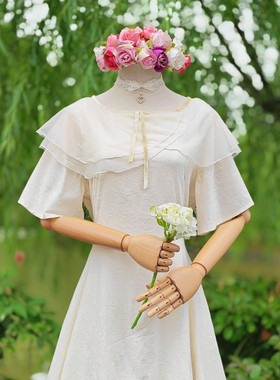 兔子大人｜手作服 不规则欧根纱领 纯棉短袖提花暗纹口袋连衣裙