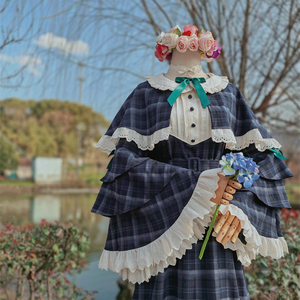 兔子大人｜手作服 若叶睦引申版C服蓝色磨毛格纹姬袖连衣裙含斗篷