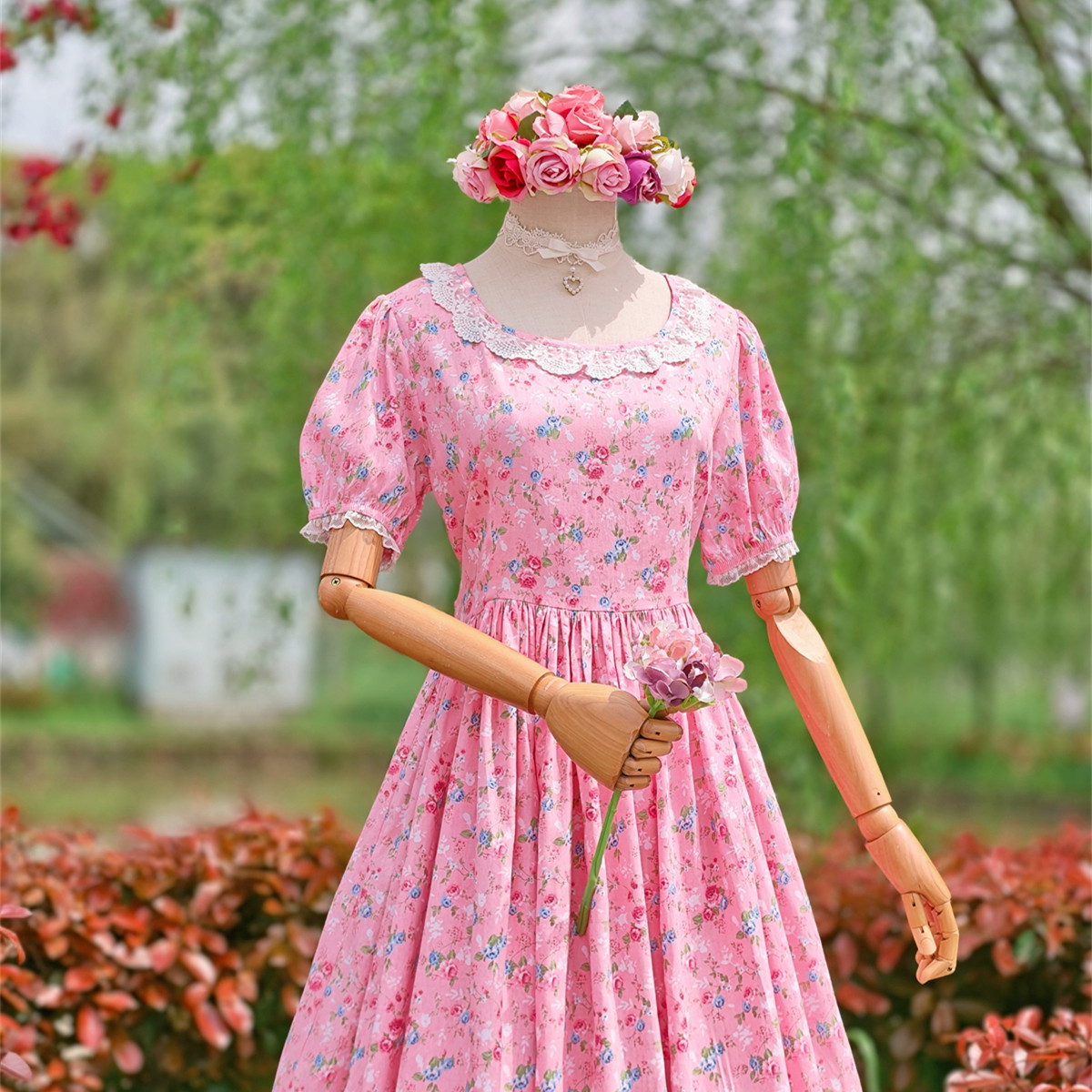 兔子大人｜手作服 vintage甜美蕾丝花边领纯棉花色短袖连衣裙