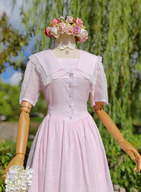 兔子大人｜手作服 vintage80's美式复古粉色100支纯苎麻连衣裙夏