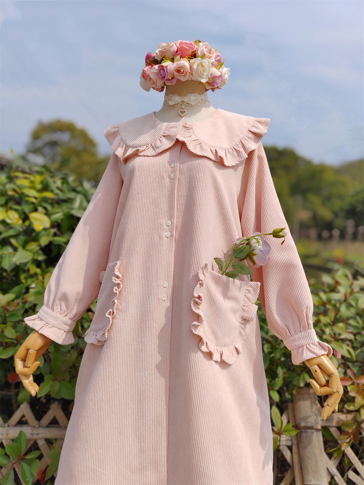 兔子大人|手作服文艺森系甜美大娃娃领粉色宽松灯芯绒外套中长款