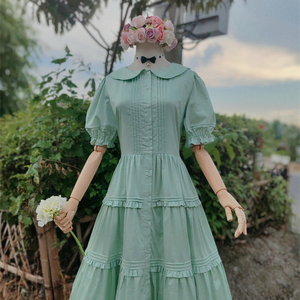 兔子大人｜手作服 贡缎棉 vintage法式塔克褶花瓣领全开扣连衣裙