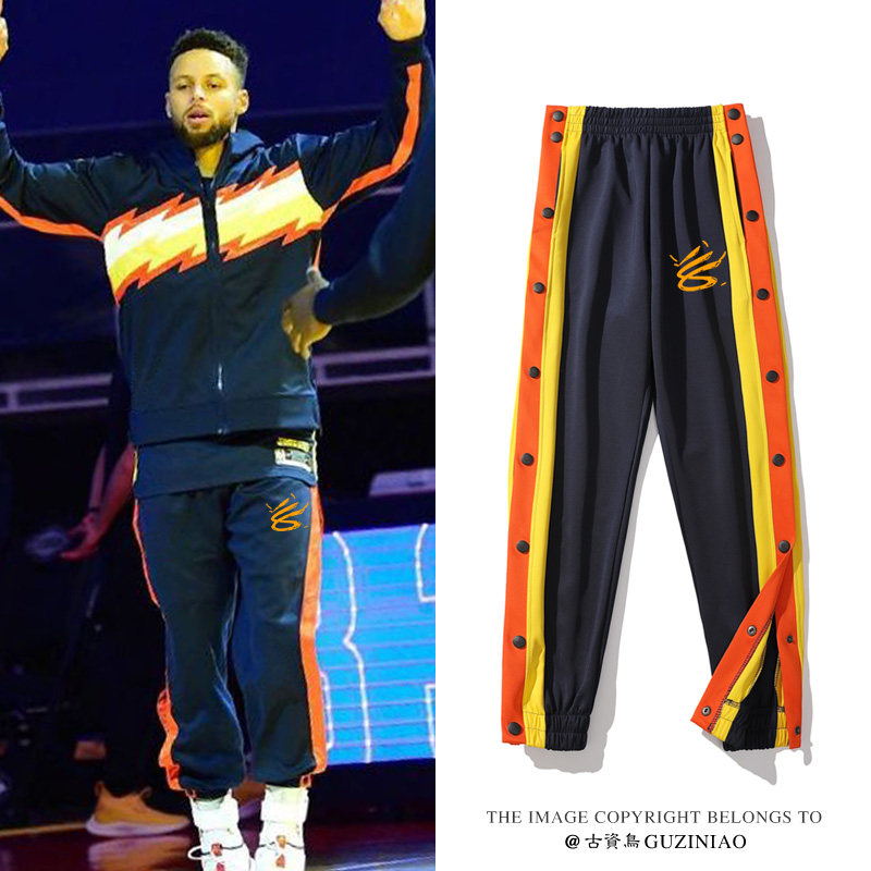 勇士队出场服排扣裤男美式运动训练篮球裤全开扣裤子库里束脚长裤