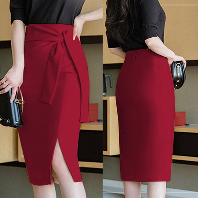 春秋季高腰显瘦开叉一步裙中长款