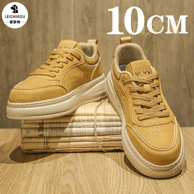 内增高鞋男10cm隐形2026新款春季小麦色复古时尚软底休闲运动板鞋