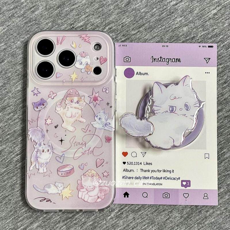 涂鸦浅紫晕染猫咪可爱磁吸支架适用苹果16手机壳iPhone15少女款13/12防摔11PROMAX全包S/XR硅胶7/8软套14PLUS