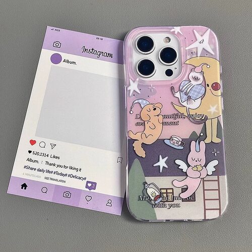 浅紫色适用苹果16手机壳iPhone15女款13/12治愈月亮插画睡帽小狗防摔11PROMAX全包S/XR新品7/8软套14PLUS晚安