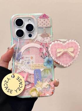 日韩文艺复古花留声机磁吸支架适用苹果16手机壳iPhone15少女款13/12防摔11PROMAX全包S/XR新品7/8软套14PLUS