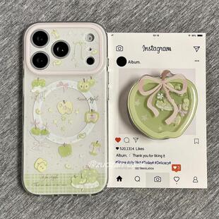 6se手机壳V50 neo9 5i真我x7pro新23软z 韩风清新绿格子青苹果Q2 GT3女款 磁吸支架适用opporealmeGT5pro