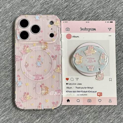超萌可爱粉色皮杰小猪磁吸支架适用苹果16手机壳iPhone15少女款13/12防摔11PROMAX全包S/XR新品7/8软套14PLUS