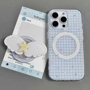 XR新品 日韩蓝色格子星星翅膀磁吸支架适用苹果16手机壳iPhone15少女款 12防摔11PROMAX全包S 8软套14PLUS