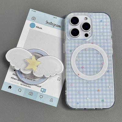 日韩蓝色格子星星翅膀磁吸支架适用苹果16手机壳iPhone15少女款13/12防摔11PROMAX全包S/XR硅胶7/8软套14PLUS