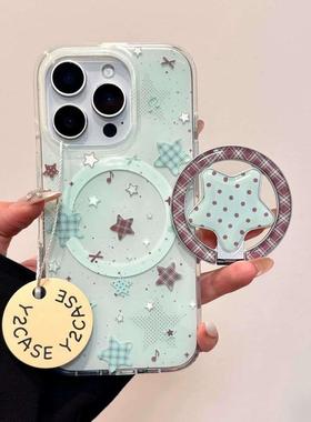 磁吸支架适用oppoA3/reno10/4se手机壳findx7/5pro薄荷绿五角星格纹折叠A56/32/a57女K11x/97/93s软套8国际版