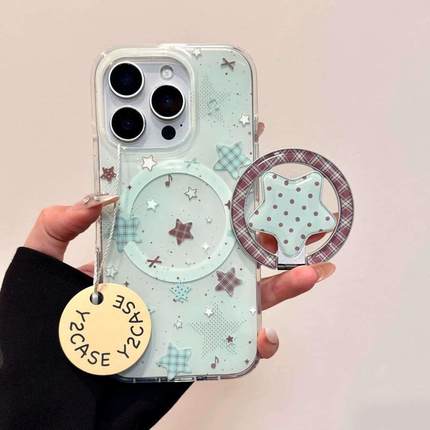 磁吸支架适用oppoA3/reno10/4se手机壳findx7/5pro薄荷绿五角星格纹折叠A56/32/a57女K11x/97/93s软套8国际版