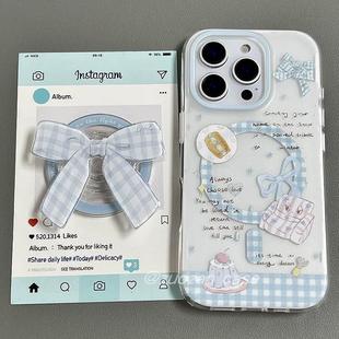 XR硅胶7 12防摔11PROMAX全包S 8软套14PLUS 韩风简约蓝格纹蝴蝶结磁吸支架适用苹果16手机壳iPhone15少女款