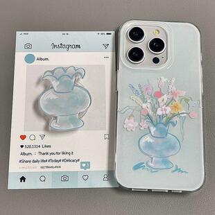 x70 mini软 磁吸支架适用vivoX100 15PRO国际版 Y33 X200 y78手机壳X90韩风蓝色玉瓷花瓶花朵y76s女S18e