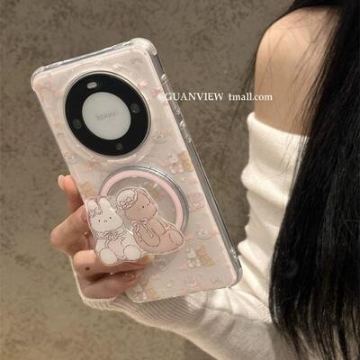 磁吸支架适用vivoX100/30/60/x70/y78手机壳X90可爱油画蝴蝶结粉小熊y76s女S18e/X200/15PRO国际版Y33/mini软