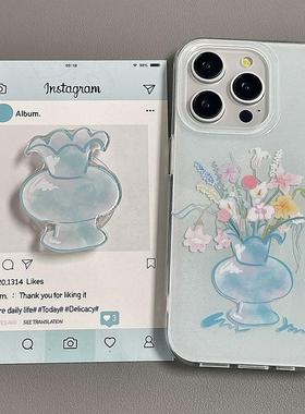 磁吸支架适用oppoA3/reno10/4se手机壳findx7/5pro韩风蓝色玉瓷花瓶花朵A56/32/a57女K11x/97/93s软套8国际版