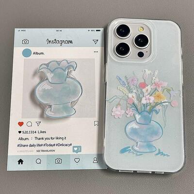 磁吸支架适用oppoA3/reno10/4se手机壳findx7/5pro韩风蓝色玉瓷花瓶花朵A56/32/a57女K11x/97/93s软套8国际版