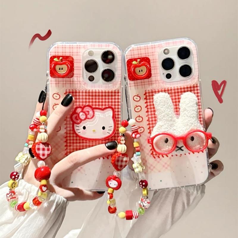 手绳链条适用oppoA3/reno10/4se手机壳findx7/5pro立体KT猫红色格纹苹果A56/32/a57女K11x/97/93s软套8国际版