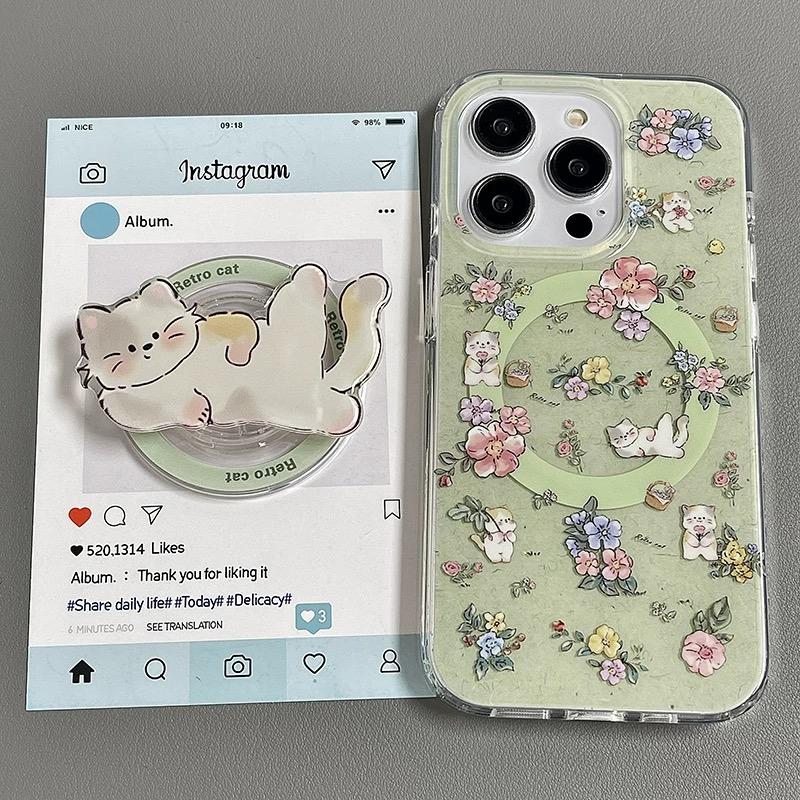 磁吸支架适用oppoA3/reno10/4se手机壳findx7/5pro韩风小众绿底慵懒猫咪A56/32/a57女K11x/97/93s软套8国际版