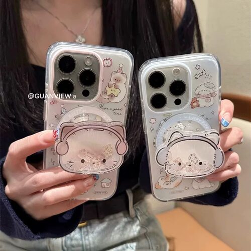 萌系可爱猫狗磁吸支架适用苹果16手机壳iPhone15/14摇摇乐13/12防摔11PROMAX情侣男女S/XR新品7/8P软14PLUS新