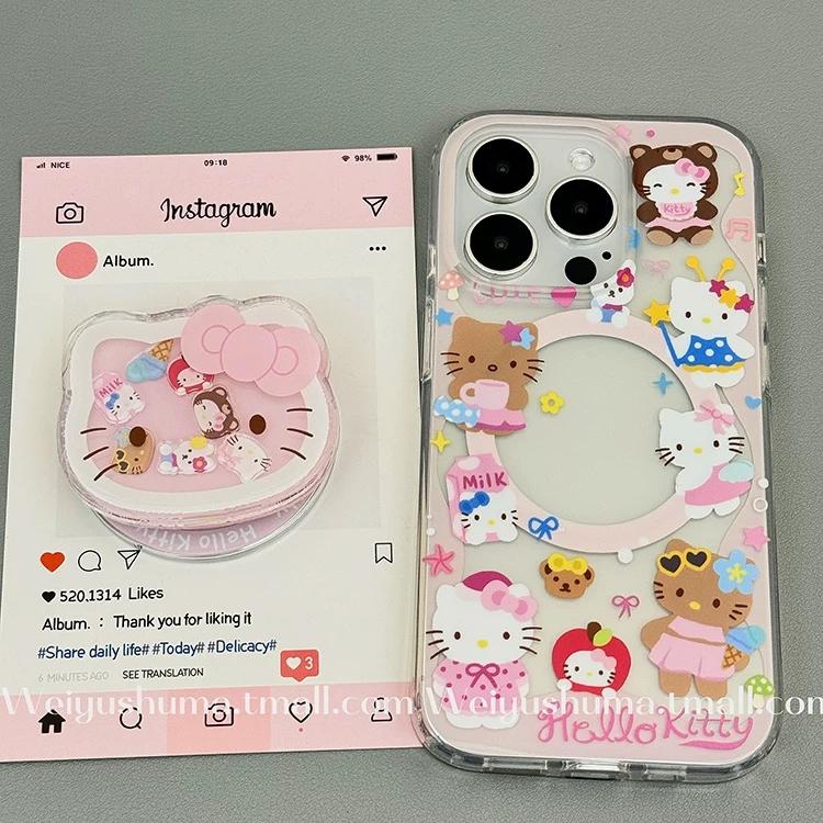 磁吸带支架适用小米14/13U摇摇乐80手机壳红米Turbo3可爱kt猫k70/60/note12t/civi4pro粉色女k40S/50软套超火