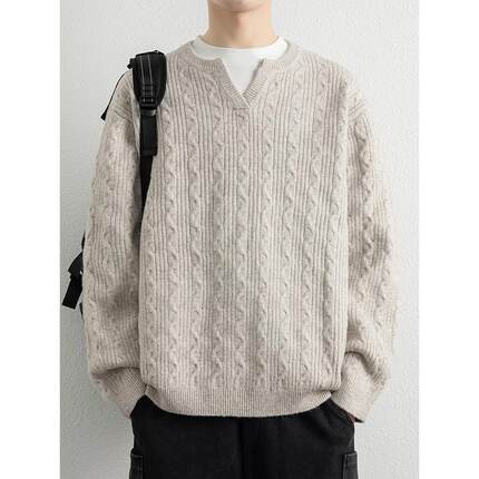 秋冬季新款男士毛衣V圆领套头拉炼针织衫高级慵懒风上衣打底1215u