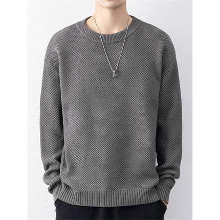 纯色圆领毛衣男士秋季美式潮牌线衣菠萝格宽松百搭休闲针织1215u