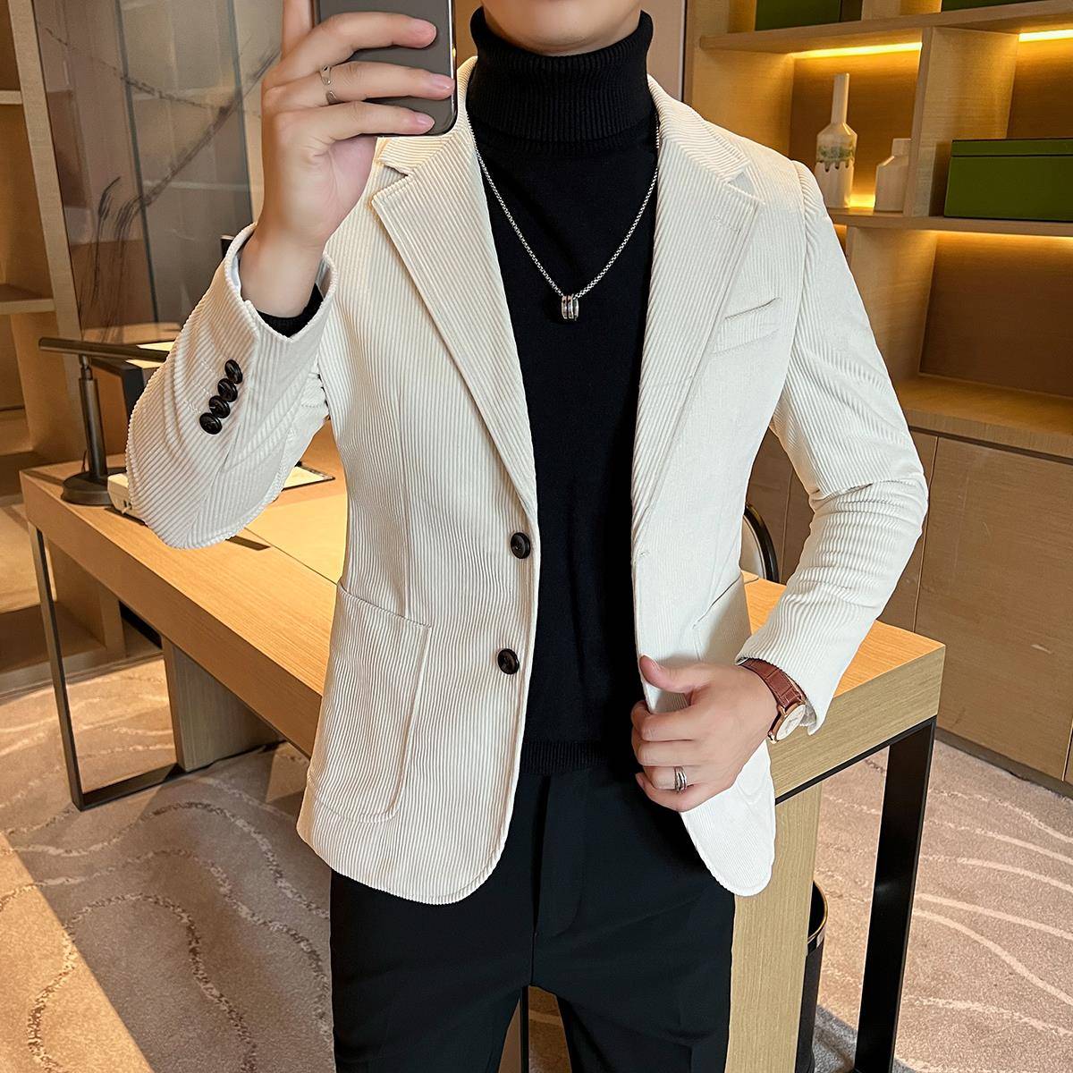 秋冬季新款西装外套男厚款时尚潮流修身商务休闲百搭帅气白1212n