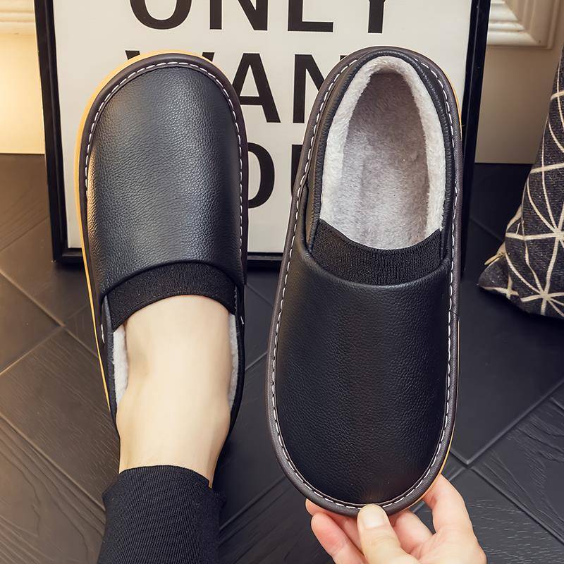 拖鞋女包跟厚底冬季加绒带后跟室内包脚情侣家居男皮面1119h