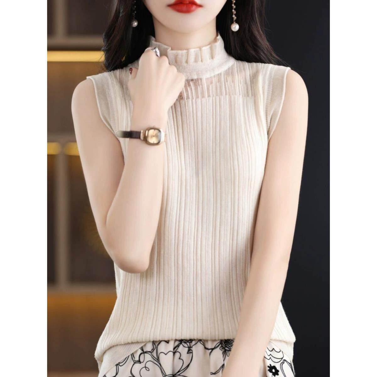 秋冬无袖蕾丝领与开衫针织内搭背心纤细蕾丝立领外底衬衫1210e