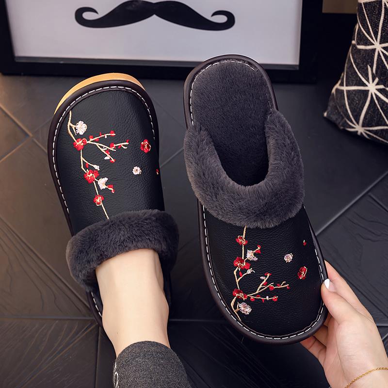 秋冬季家用拖鞋男女情侣室内家居防滑绣花居家拖鞋厚底1119h