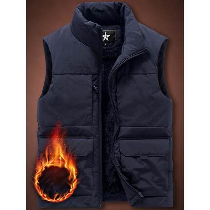 户外秋季加绒加厚背心男士纯色多袋立领马甲男装保暖宽松外1215u
