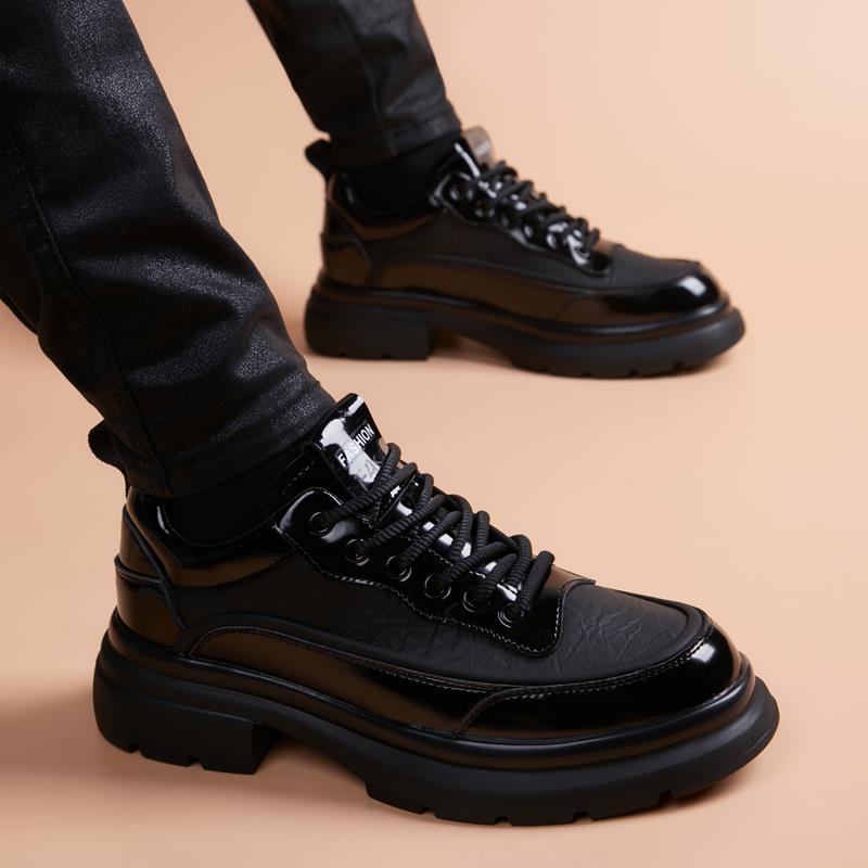 皮鞋男秋冬新款运动休闲厚底增高软面皮英伦黑色商务潮流男1212e