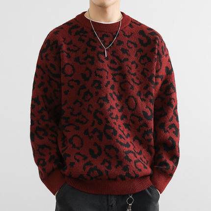 2025男士圆领毛衣秋冬新款豹纹加厚针织衫美式潮牌宽松内搭1215u