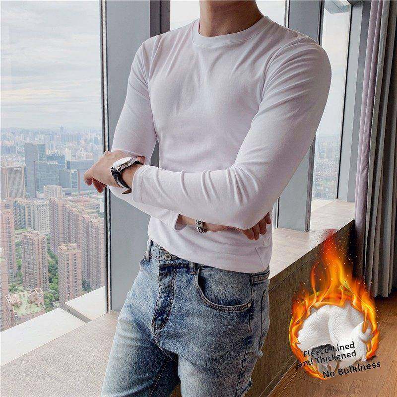 男圆领修身春秋男士紧身下装长袖t恤纯色春秋白色起绒衬里0112e,男装,T恤,淘宝优惠券,粉丝福利购,淘宝优惠卷